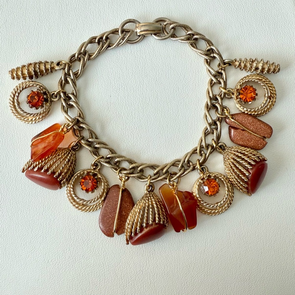 Vintage MCM Dangling Charm Bracelet Chunky Orange Rhinestones Goldstone 60’s - Picture 4 of 10